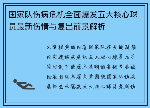 国家队伤病危机全面爆发五大核心球员最新伤情与复出前景解析